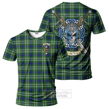 Haliburton Tartan T-Shirt with Family Crest Celtic Skull Style