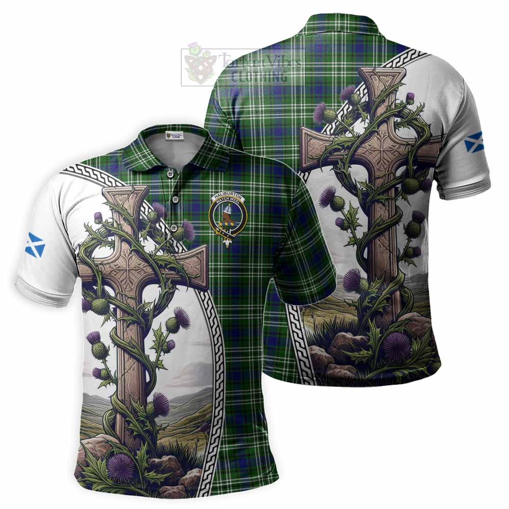 Tartan Vibes Clothing Haliburton Tartan Polo Shirt with Family Crest and St. Andrew's Cross Accented by Thistle Vines