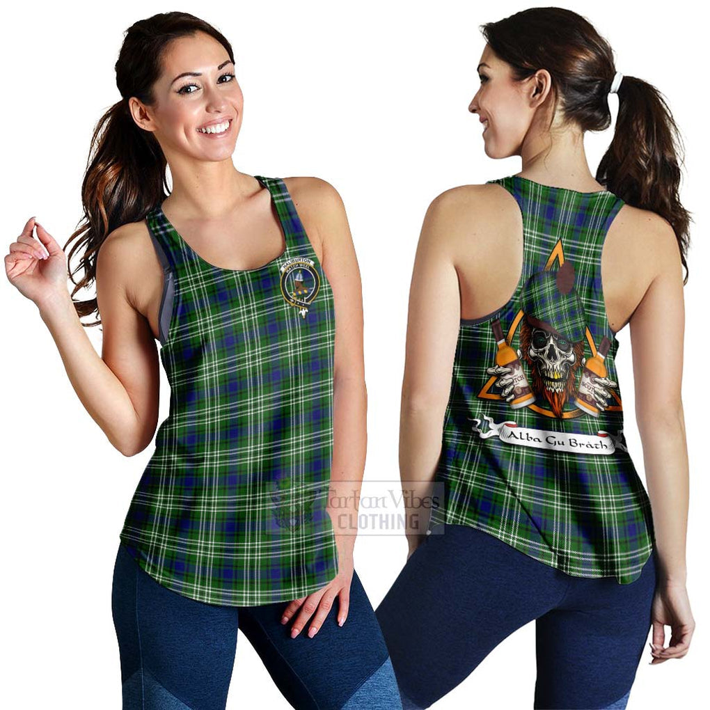 Tartan Vibes Clothing Haliburton Tartan Women's Racerback Tanks with Family Crest and Bearded Skull Holding Bottles of Whiskey