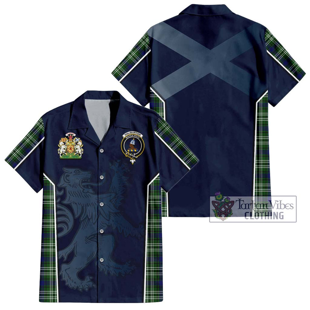 Haliburton Tartan Short Sleeve Button Shirt with Family Crest and Lion Rampant Vibes Sport Style Kid - Tartan Vibes Clothing