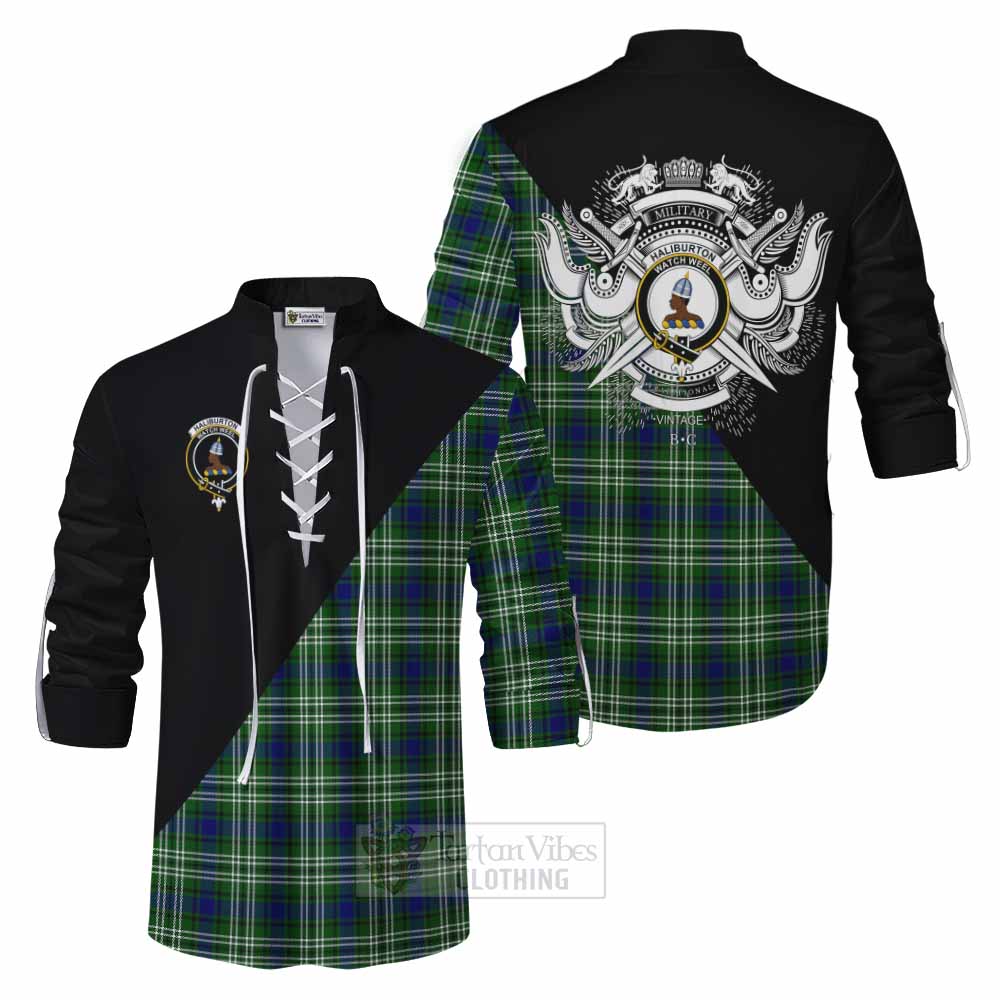 Tartan Vibes Clothing Haliburton Tartan Ghillie Kilt Shirt with Family Crest and Military Logo Style