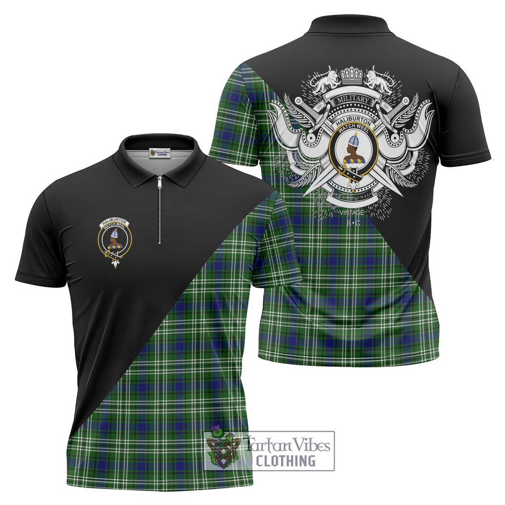 Haliburton Tartan Zipper Polo Shirt with Family Crest and Military Logo Style Unisex - Tartanvibesclothing Shop