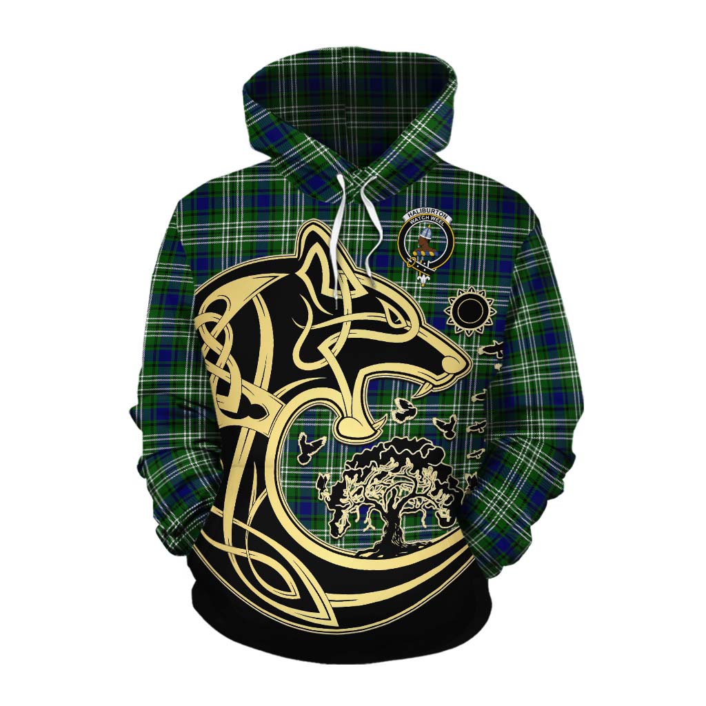 Tartan Vibes Clothing Haliburton Tartan Cotton Hoodie with Family Crest Celtic Wolf Style