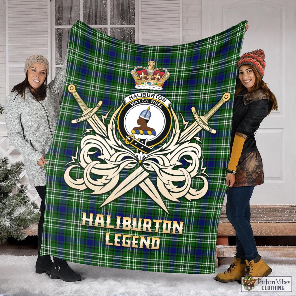 Tartan Vibes Clothing Haliburton Tartan Blanket with Clan Crest and the Golden Sword of Courageous Legacy