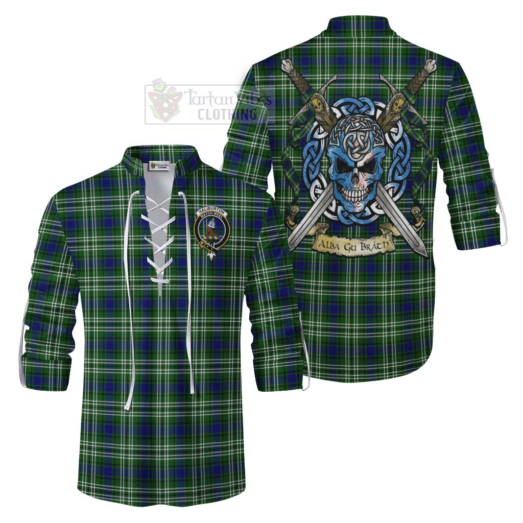 Tartan Vibes Clothing Haliburton Tartan Ghillie Kilt Shirt with Family Crest Celtic Skull Style