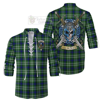 Haliburton Tartan Ghillie Kilt Shirt with Family Crest Celtic Skull Style