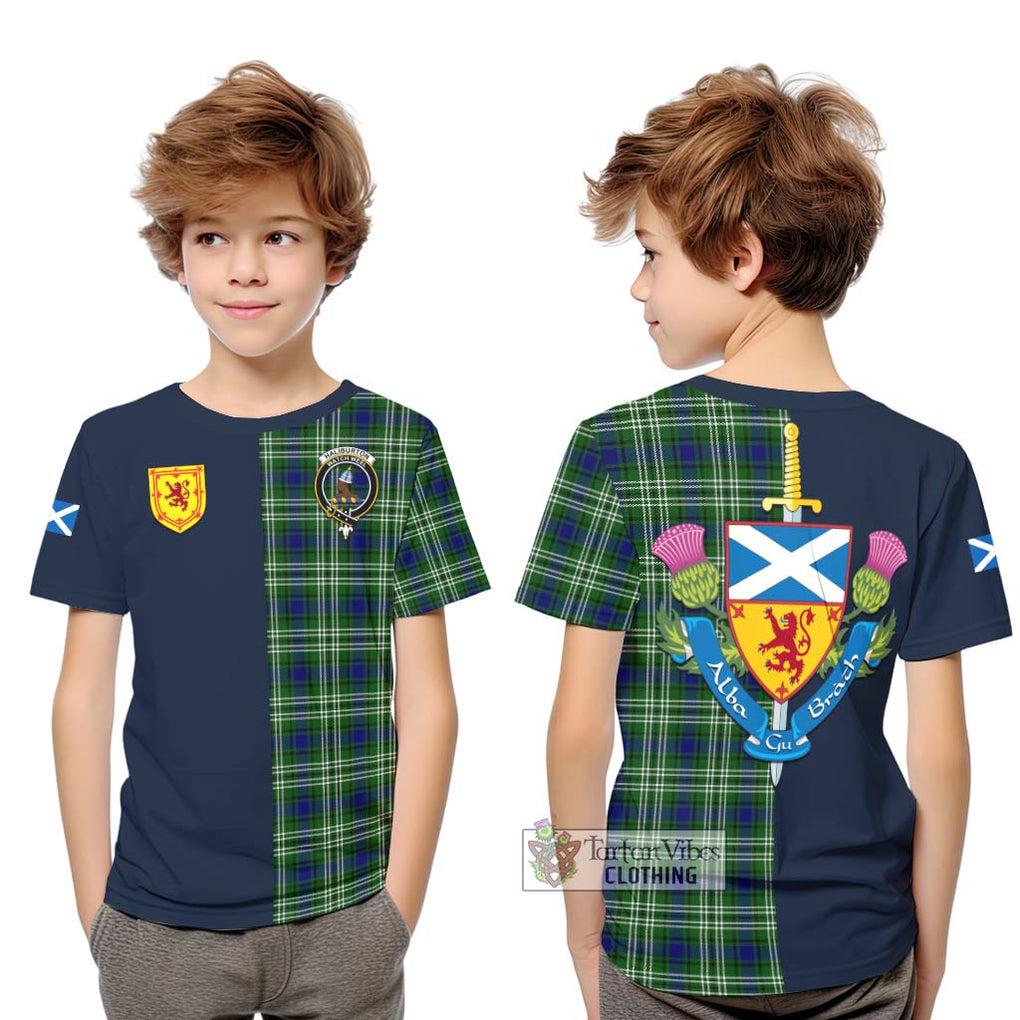 Tartan Vibes Clothing Haliburton Tartan Kid T-Shirt with Scottish Lion Royal Arm Half Style