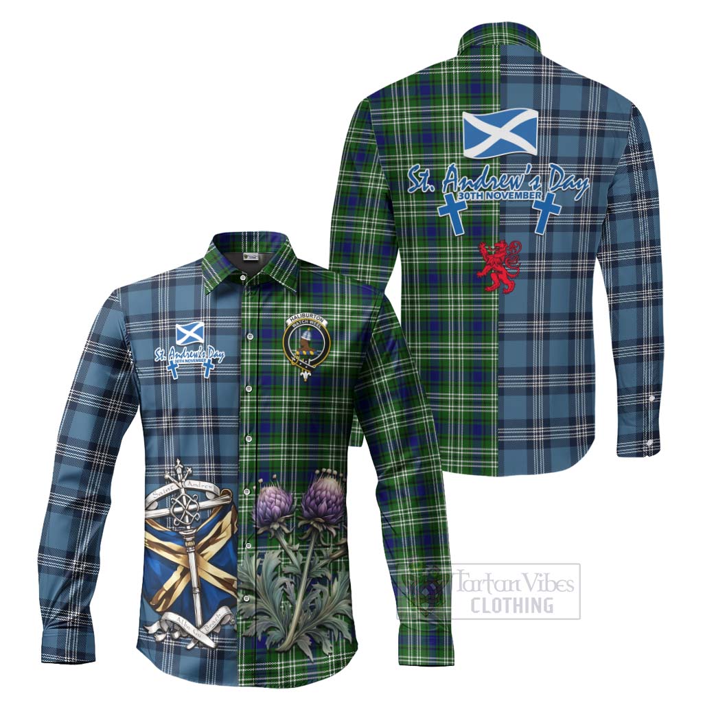 Tartan Vibes Clothing Haliburton Tartan Long Sleeve Button Shirt Happy St. Andrew's Day Half Tartan Style