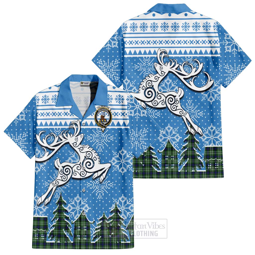 Tartan Vibes Clothing Haliburton Clan Christmas Short Sleeve Button Shirt Celtic Reindeer Style