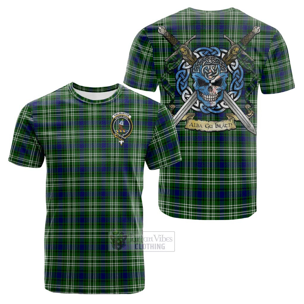 Tartan Vibes Clothing Haliburton Tartan Cotton T-shirt with Family Crest Celtic Skull Style