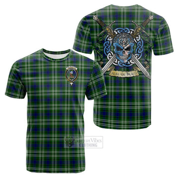 Haliburton Tartan Cotton T-shirt with Family Crest Celtic Skull Style