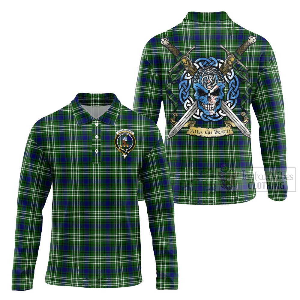 Tartan Vibes Clothing Haliburton Tartan Long Sleeve Polo Shirt with Family Crest Celtic Skull Style