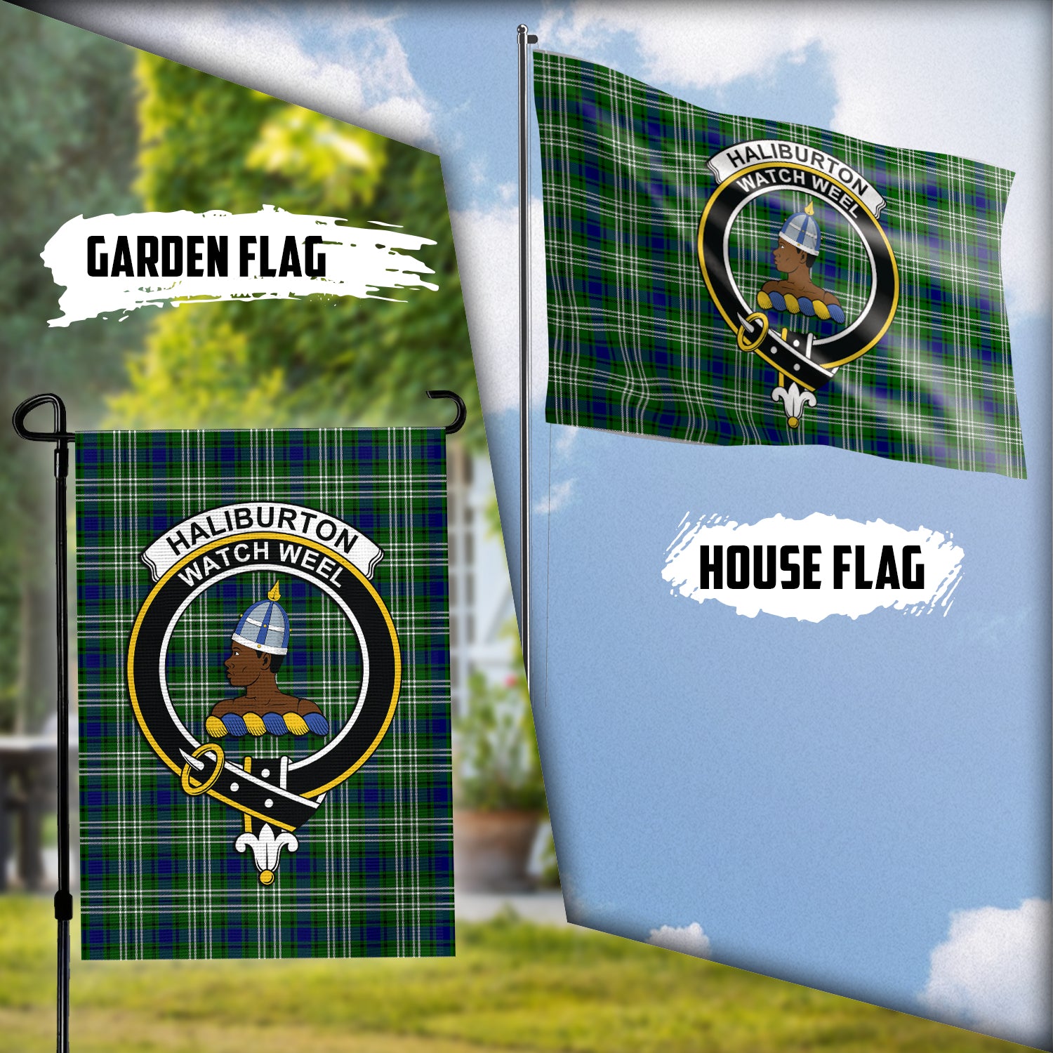 Haliburton Tartan Flag with Family Crest Garden Flag (Vertical) - Tartan Vibes Clothing