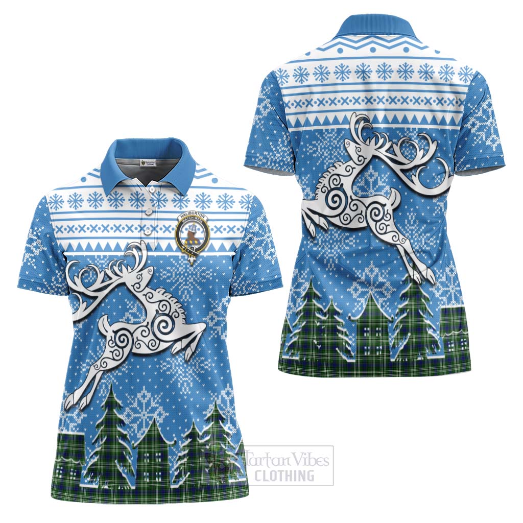 Haliburton Clan Christmas Women's Polo Shirt Celtic Reindeer Style Women - Tartan Vibes Clothing