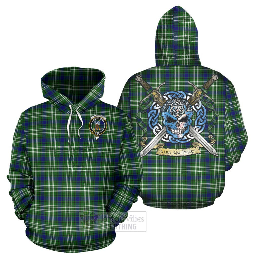 Tartan Vibes Clothing Haliburton Tartan Hoodie with Family Crest Celtic Skull Style