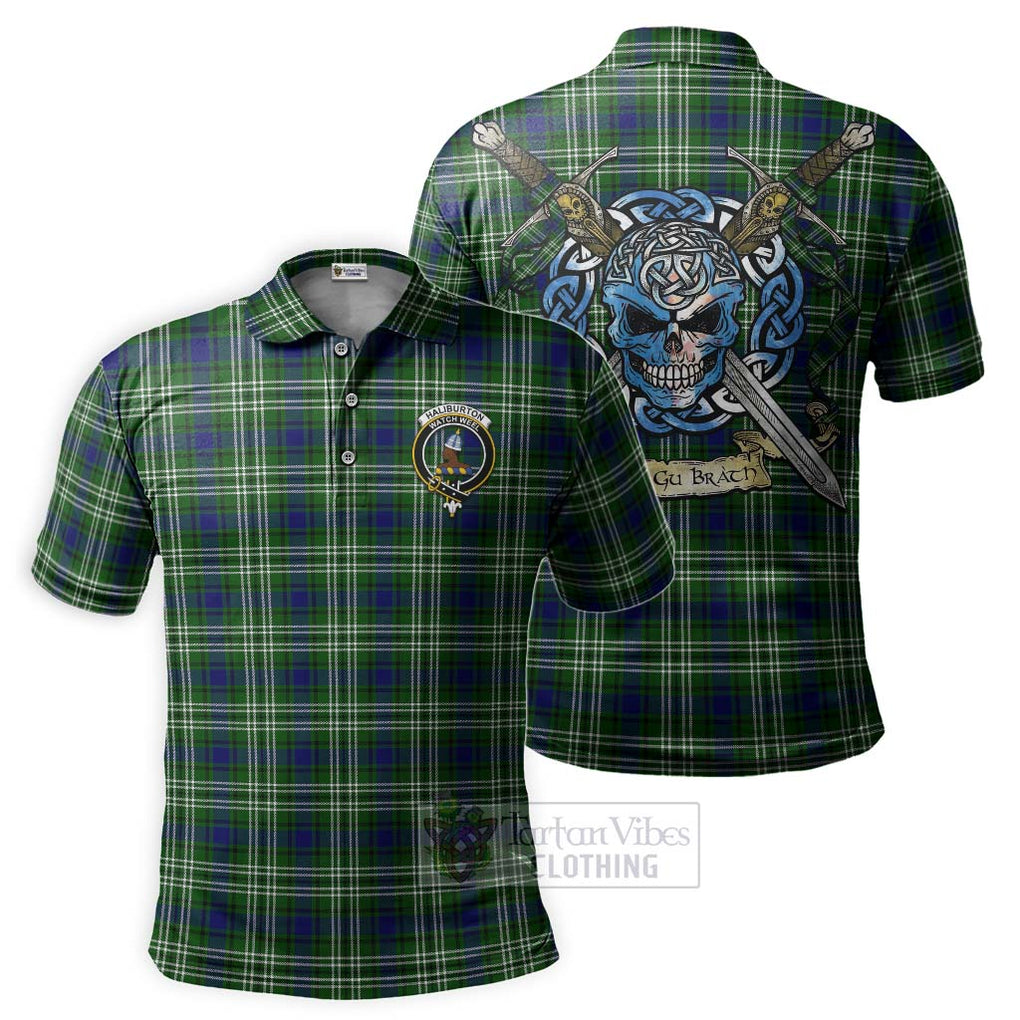 Tartan Vibes Clothing Haliburton Tartan Polo Shirt with Family Crest Celtic Skull Style