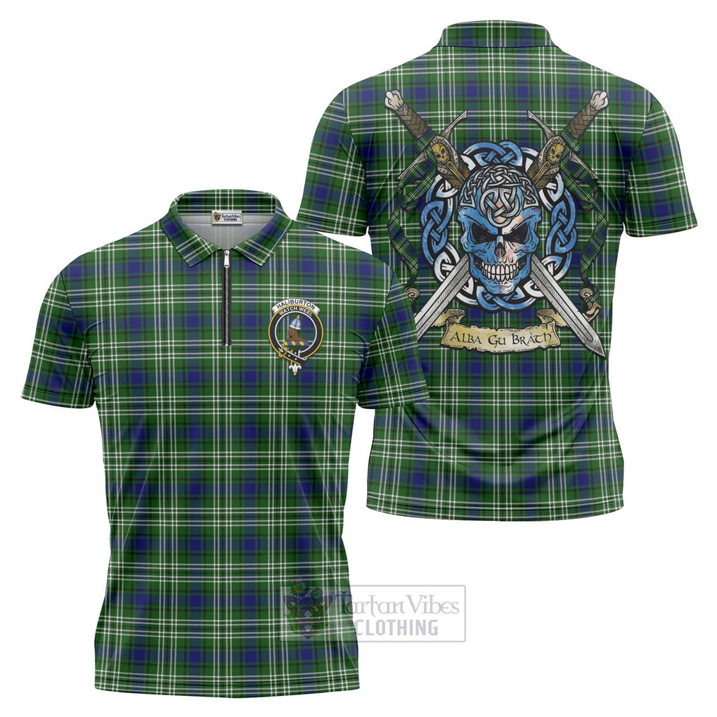 Tartan Vibes Clothing Haliburton Tartan Zipper Polo Shirt with Family Crest Celtic Skull Style