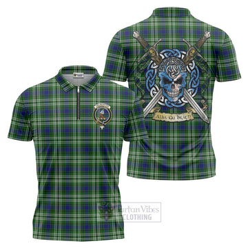 Haliburton Tartan Zipper Polo Shirt with Family Crest Celtic Skull Style