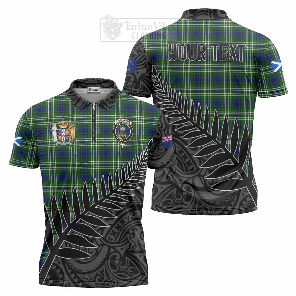 Tartan Vibes Clothing Haliburton Crest Tartan Zipper Polo Shirt with New Zealand Silver Fern Half Style