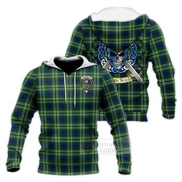 Haliburton Tartan Knitted Hoodie with Family Crest Celtic Skull Style