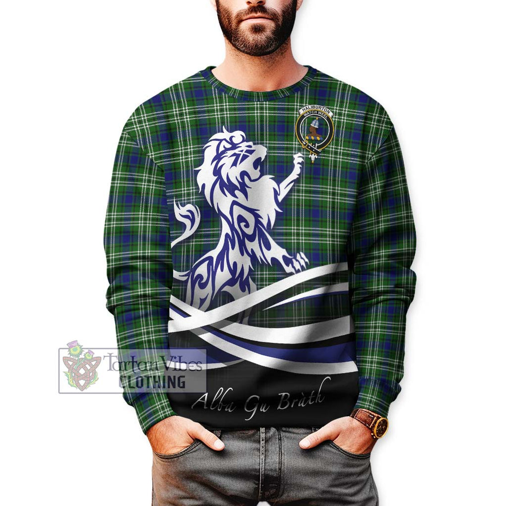 Haliburton Tartan Sweatshirt with Alba Gu Brath Regal Lion Emblem Unisex - Tartanvibesclothing Shop