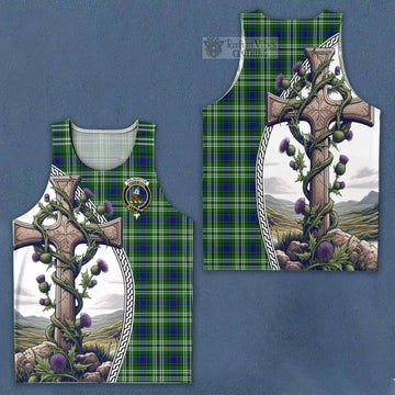 Haliburton Tartan Men's Tank Top with Family Crest and St. Andrew's Cross Accented by Thistle Vines