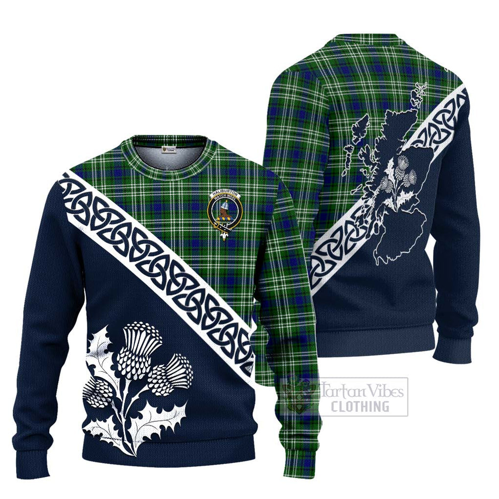 Tartan Vibes Clothing Haliburton Tartan Knitted Sweater Featuring Thistle and Scotland Map