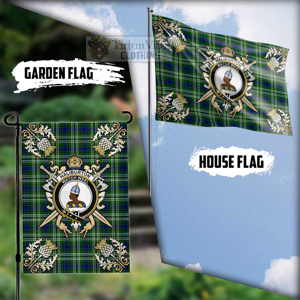 Tartan Vibes Clothing Haliburton Tartan Flag with Family Crest and Golden Thistle Crossed Sword Design