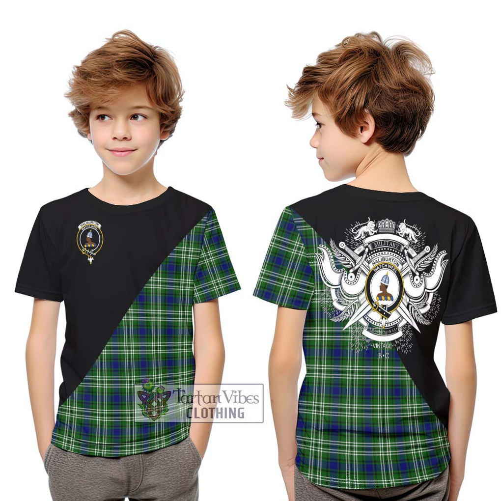 Haliburton Tartan Kid T-Shirt with Family Crest and Military Logo Style Youth XL Size14 - Tartanvibesclothing Shop