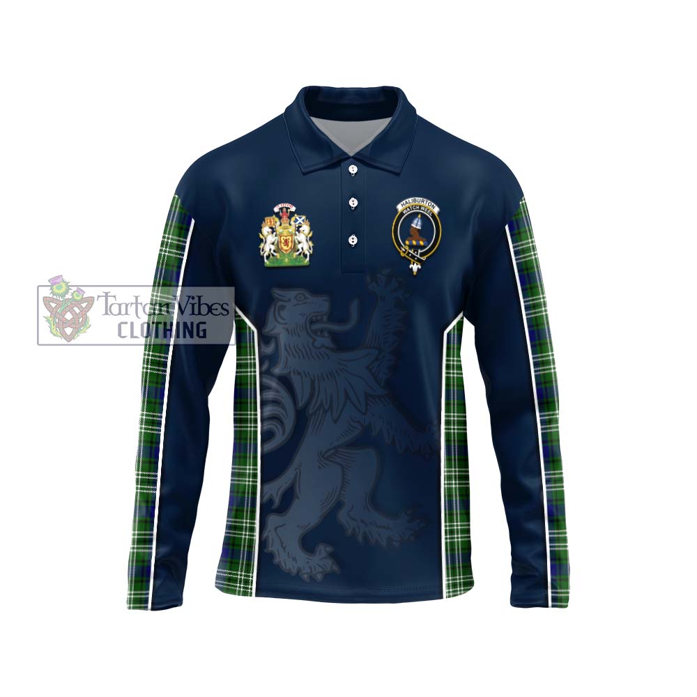 Haliburton Tartan Long Sleeve Polo Shirt with Family Crest and Lion Rampant Vibes Sport Style Unisex - Tartan Vibes Clothing