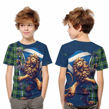 Haliburton Tartan Family Crest Kid T-Shirt with Scottish Majestic Lion