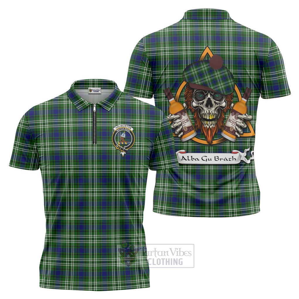 Tartan Vibes Clothing Haliburton Tartan Zipper Polo Shirt with Family Crest and Bearded Skull Holding Bottles of Whiskey