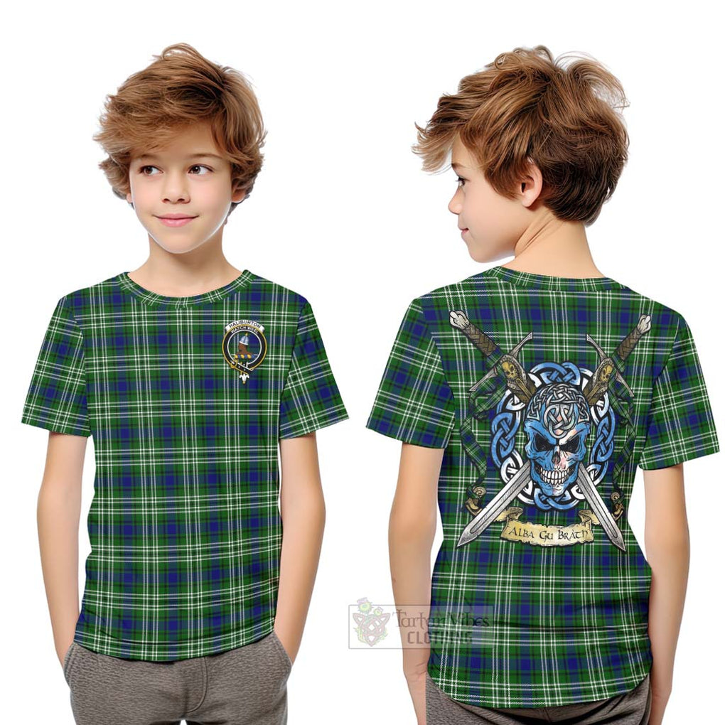 Tartan Vibes Clothing Haliburton Tartan Kid T-Shirt with Family Crest Celtic Skull Style