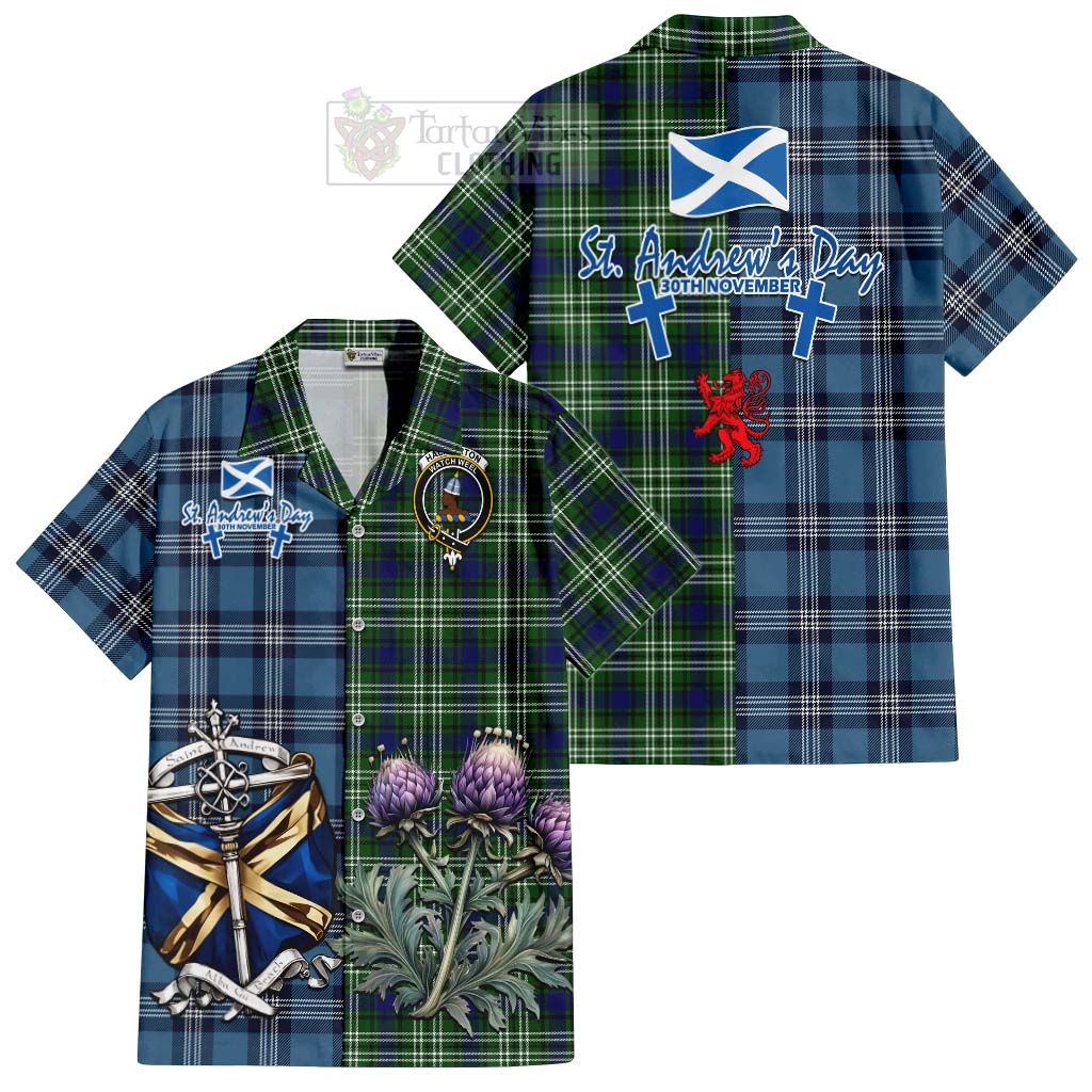 Tartan Vibes Clothing Haliburton Tartan Short Sleeve Button Shirt Happy St. Andrew's Day Half Tartan Style