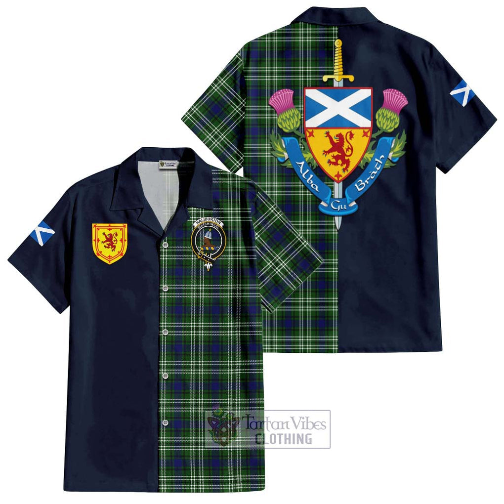 Tartan Vibes Clothing Haliburton Tartan Short Sleeve Button Shirt with Scottish Lion Royal Arm Half Style