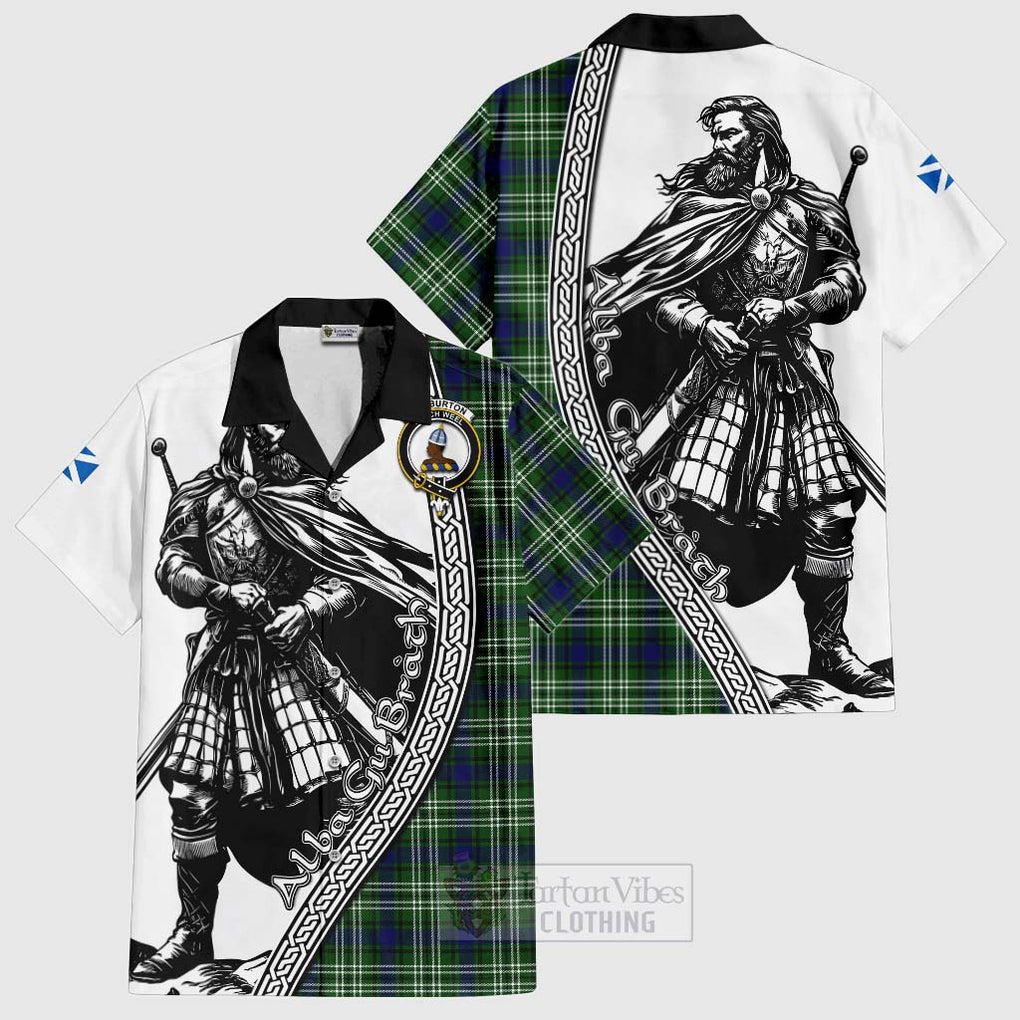 Tartan Vibes Clothing Haliburton Tartan Clan Crest Short Sleeve Button Shirt with Highlander Warrior Celtic Style