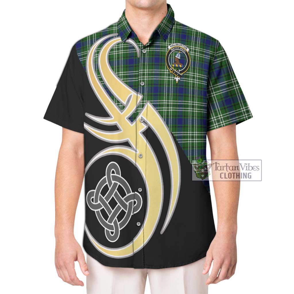 Haliburton Tartan Short Sleeve Button Shirt with Family Crest and Celtic Symbol Style Kid - Tartan Vibes Clothing