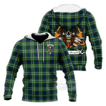 Haliburton Tartan Knitted Hoodie with Family Crest and Bearded Skull Holding Bottles of Whiskey