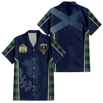 Haliburton Tartan Short Sleeve Button Up Shirt with Family Crest and Scottish Thistle Vibes Sport Style