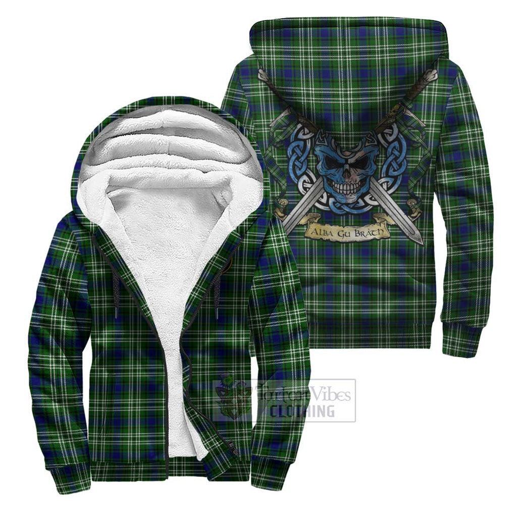 Tartan Vibes Clothing Haliburton Tartan Sherpa Hoodie with Family Crest Celtic Skull Style