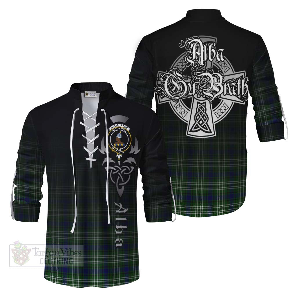 Tartan Vibes Clothing Haliburton Tartan Ghillie Kilt Shirt Featuring Alba Gu Brath Family Crest Celtic Inspired