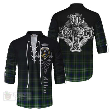 Haliburton Tartan Ghillie Kilt Shirt Featuring Alba Gu Brath Family Crest Celtic Inspired