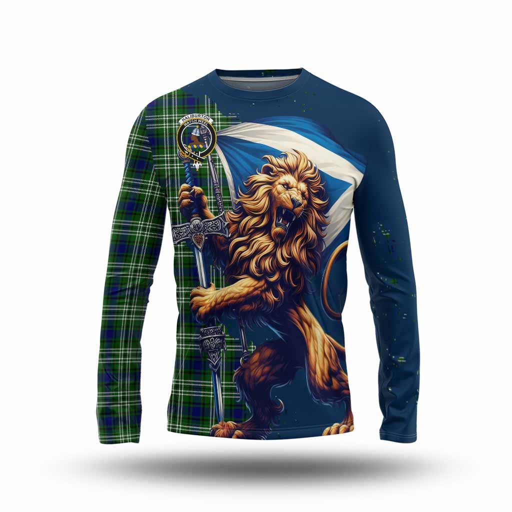 Tartan Vibes Clothing Haliburton Tartan Family Crest Long Sleeve T-Shirt with Scottish Majestic Lion