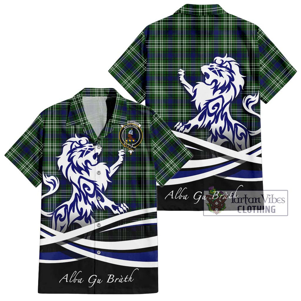 Haliburton Tartan Short Sleeve Button Shirt with Alba Gu Brath Regal Lion Emblem Kid - Tartanvibesclothing Shop