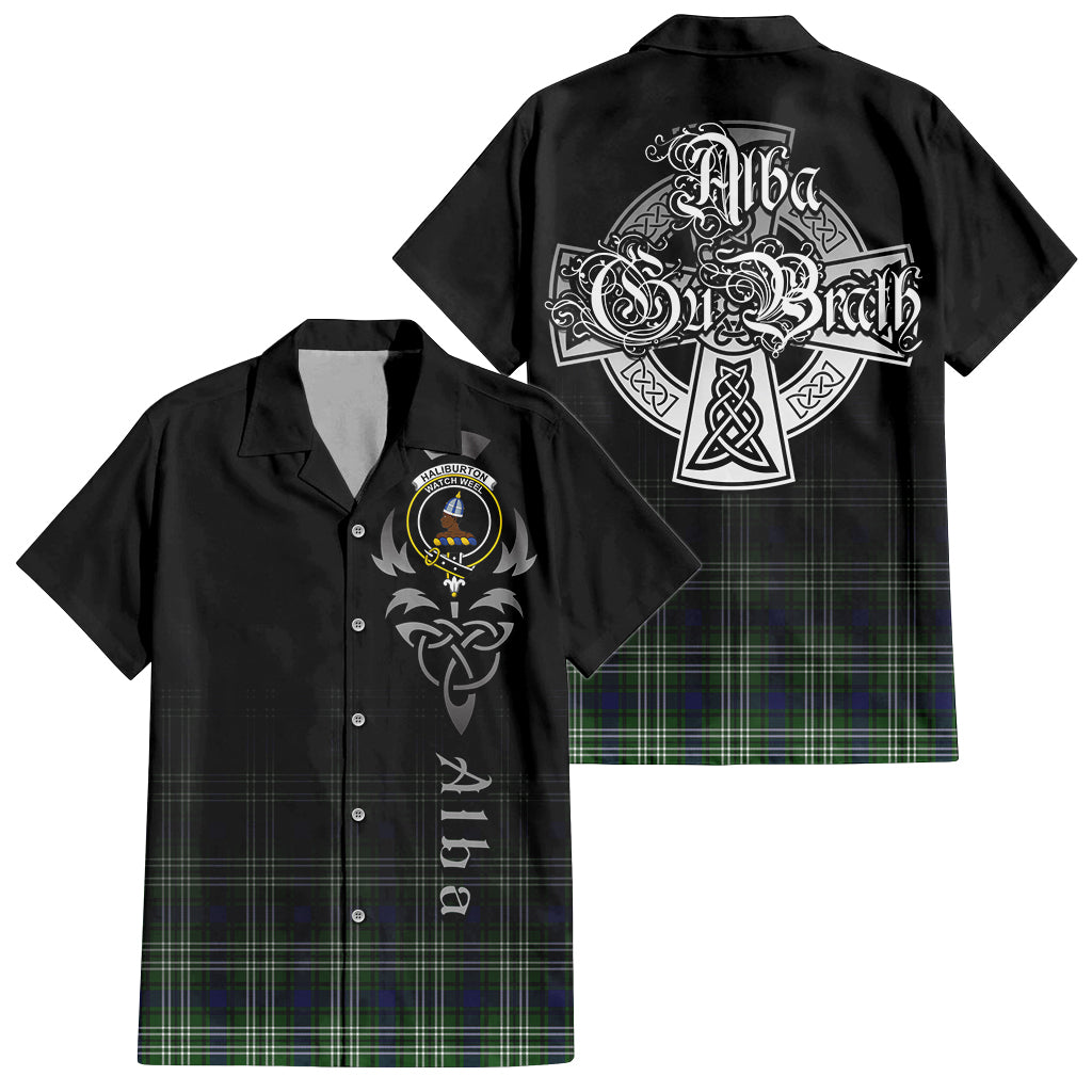 Tartan Vibes Clothing Haliburton Tartan Short Sleeve Button Up Featuring Alba Gu Brath Family Crest Celtic Inspired