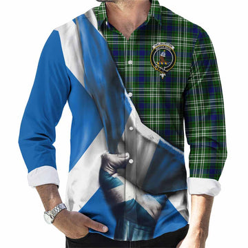 Haliburton Tartan Long Sleeve Button Shirt with Family Crest Scotland Patriotic Style