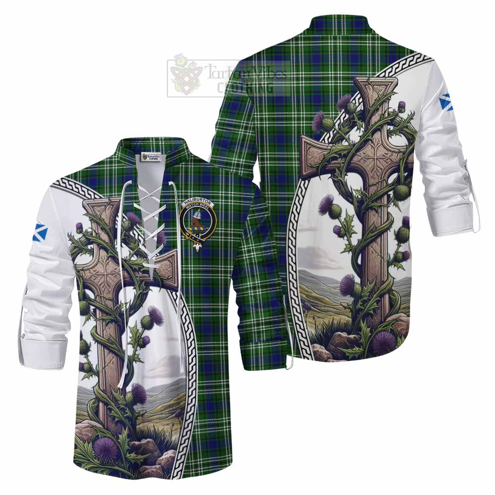 Tartan Vibes Clothing Haliburton Tartan Ghillie Kilt Shirt with Family Crest and St. Andrew's Cross Accented by Thistle Vines