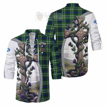 Haliburton Tartan Ghillie Kilt Shirt with Family Crest and St. Andrew's Cross Accented by Thistle Vines