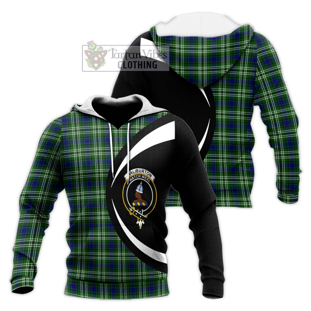 Haliburton Tartan Knitted Hoodie with Family Crest Circle Style Unisex Knitted Pullover Hoodie - Tartan Vibes Clothing