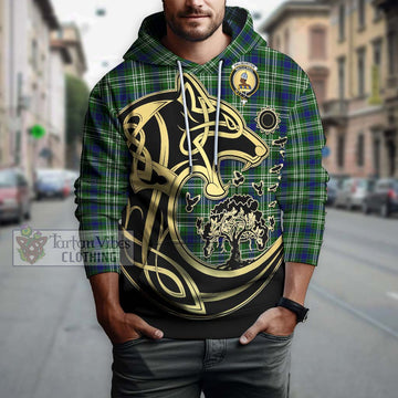 Haliburton Tartan Hoodie with Family Crest Celtic Wolf Style